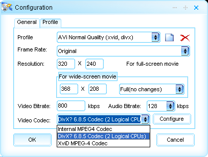 settings for divx avi format